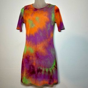 Better Be Sheer Tie Dye Rave Mini Dress 1/4 Sleeves Swim Cover Size Small Neon